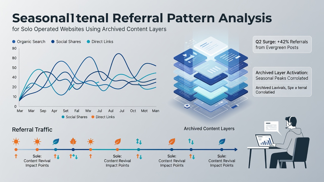 Timeline graphic illustrating archived content versions aligned with monthly referral traffic sources for solo websites