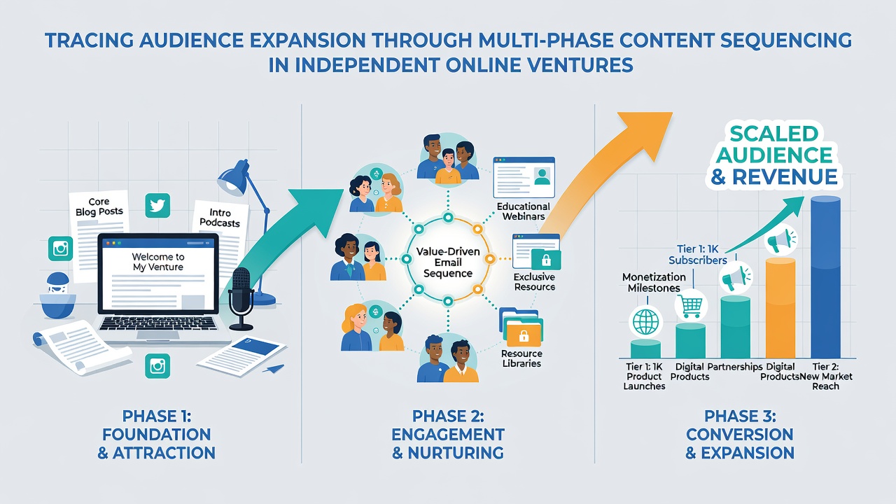 Chart illustrating audience growth metrics across content phases for independent sites